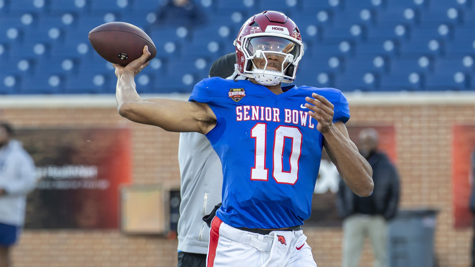 American Team quarterback Taylen Green (10) of Arkansas throws during American NFL Draft Senior Bowl practice at Hancock Whitney Stadium.