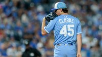 Kansas City Royals pitcher Taylor Clarke (45) on the mound during the eighth inning against the Toronto Blue Jays at Kauffman Stadium.