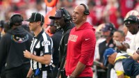 San Francisco 49ers defensive coordinator Robert Saleh (in red) reacts to a penalty during the third quarter against the Jacksonville Jaguars at Levi's Stadium.