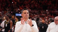 Texas Longhorns head coach Sean Miller celebrates a win against the Vanderbilt Commodores during the second half at Moody Center.