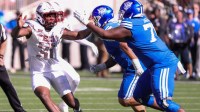 Texas Tech's David Bailey tries to track a play against BYU during a Big 12 Conference football game, Saturday, Nov. 8, 2025, at Jones AT&T Stadium.