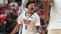 Texas Tech's LeJuan Watts reacts after making a 3-pointer against Oklahoma State in a Big 12 men's basketball game Saturday, Jan. 3, 2026, at United Supermarkets Arena.