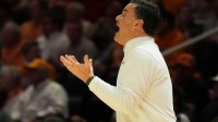 Texas basketball coach Sean Miller yells instructions to his players during an NCAA college basketball game against Tennessee on January 6, 2026, in Knoxville, Tenn.