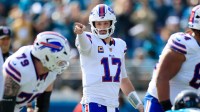 Buffalo Bills quarterback Josh Allen (17) calls a play during the first quarter of an NFL football AFC Wild Card playoff matchup, Sunday, Jan. 11, 2026, in Jacksonville, Fla. The Bills defeated the Jaguars 27-24.