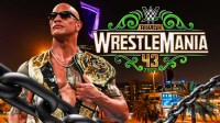 WWE legend Dwayne The Rock Johnson with WrestleMania 43 and Riyadh, Saudi Arabia background.