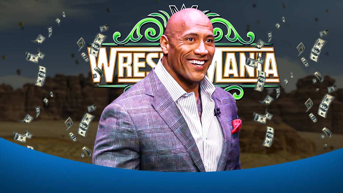 WWE Superstar Dwayne The Rock Johnson and WrestleMania 43 logo with Saudi Arabia background.