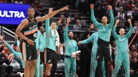 The San Antonio Spurs bench reacts to forward Harrison Barnes (40) three point basket against the Houston Rockets in the second quarter at Toyota Center.