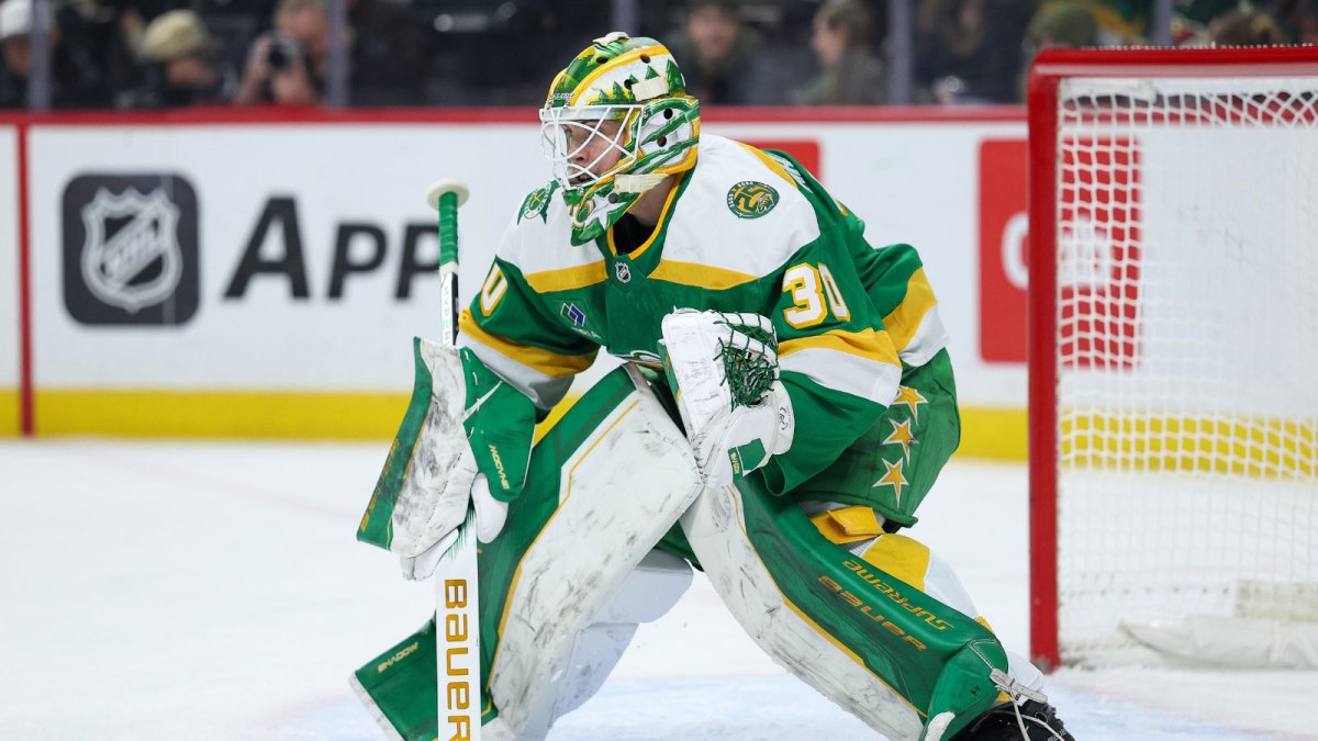Minnesota Wild goaltender Jesper Wallstedt (30) defends his net against the Chicago Blackhawks during the first period at Grand Casino Arena.