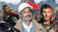 Thor: Ragnarok director Taika Waititi in between Chris Hemsworth as Thor in The Dark World and Ragnarok with MCU Asgard background.