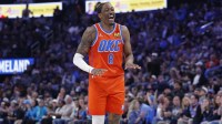 Thunder guard/forward Jalen Williams (8) laughs after a play against the Miami Heat during the second half at Paycom Center