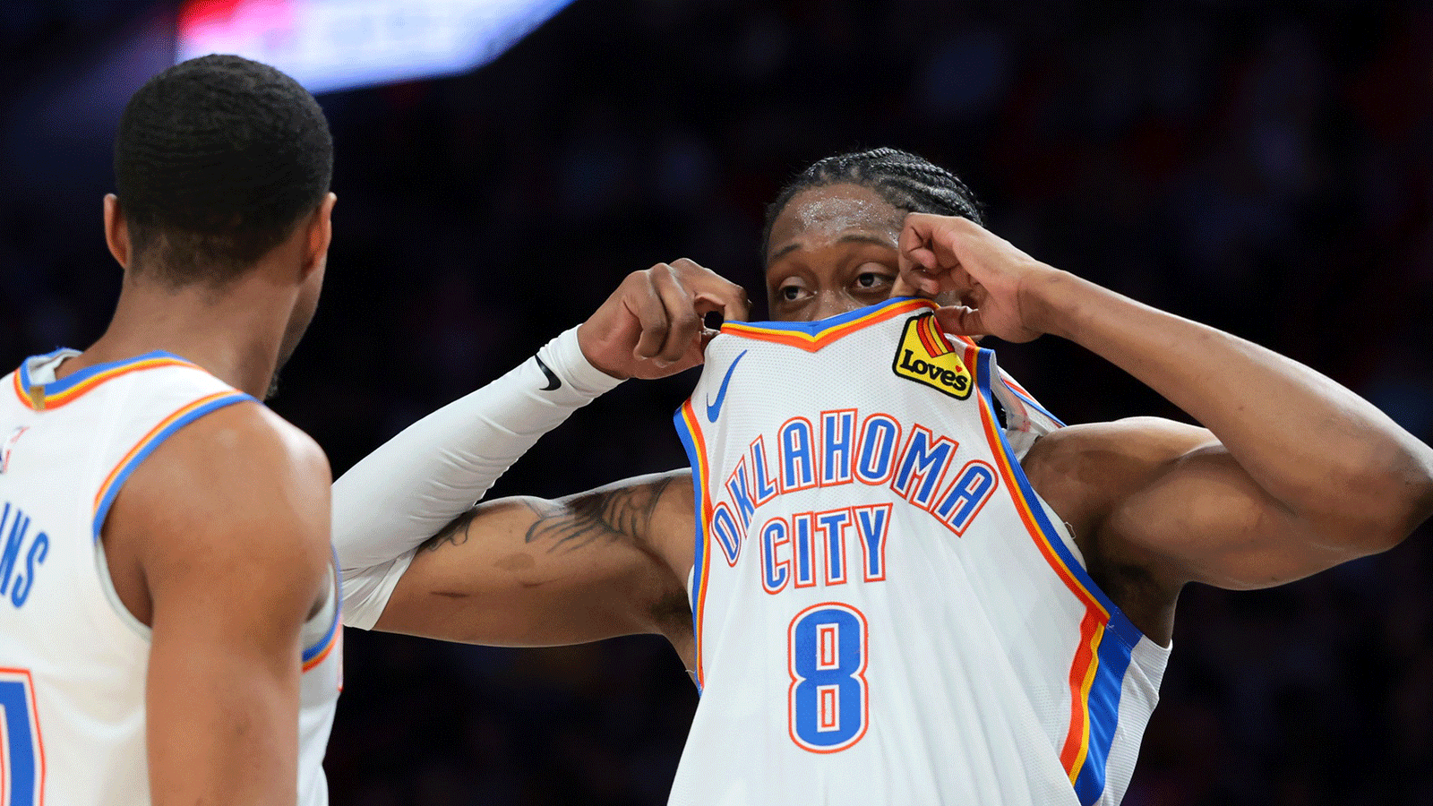 Thunder guard Jalen Williams (8) reacts against the Miami Heat during the second quarter at Kaseya Center