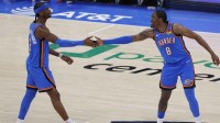 Thunder guard/forward Jalen Williams (8) celebrates with guard Shai Gilgeous-Alexander (2) after he scored against the San Antonio Spurs during the second half at Paycom Center