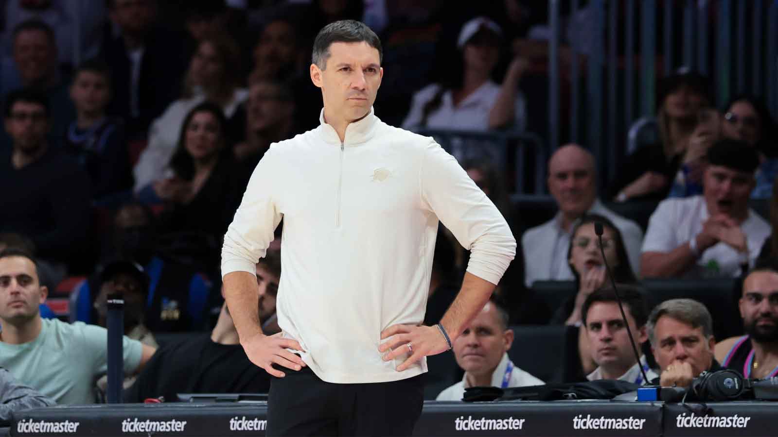 Thunder head coach Mark Daigneault watches from the sideline against the Miami Heat during the fourth quarter at Kaseya Center
