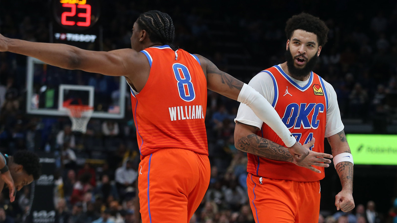 Thunder guard Jalen Williams (8) and guard Kenrich Williams (34) react during the fourth quarter against the Memphis Grizzlies at FedExForum. 