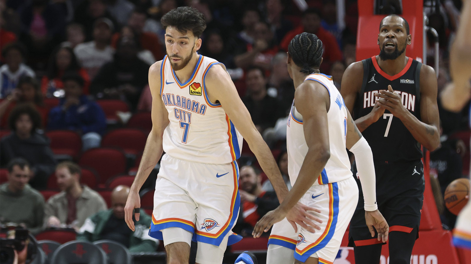  Thunder center Chet Holmgren (7) reacts after scoring a basket during the first quarter against the Houston Rockets at Toyota Center