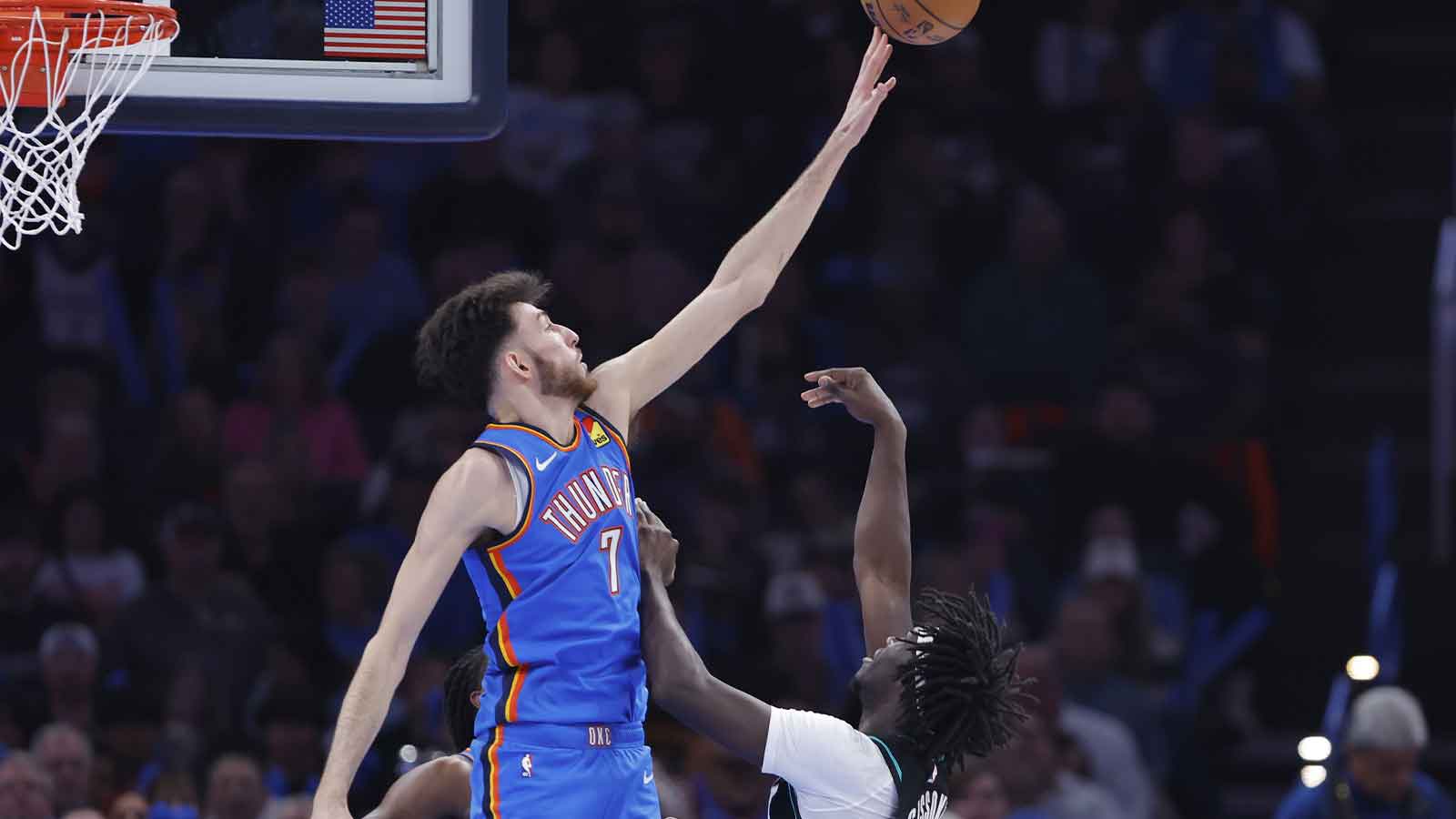 Thunder center Chet Holmgren (7) blocks a shot by Portland Trail Blazers guard Sidy Cissoko (91) during the second half at Paycom Center