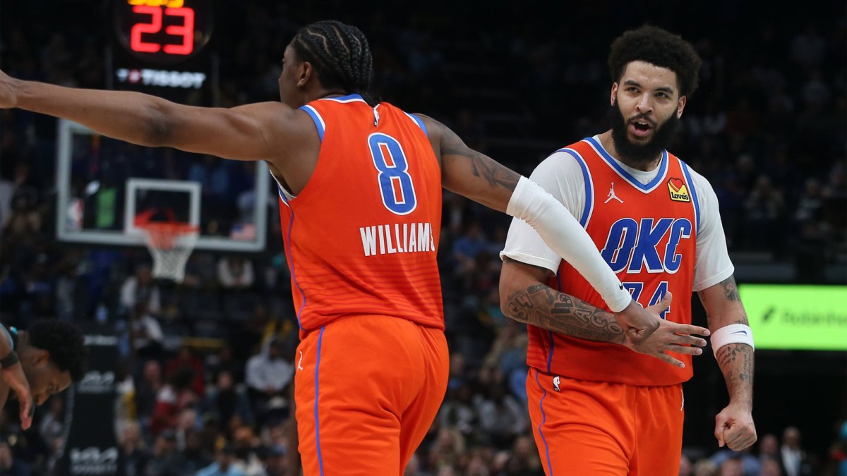 Thunder guard Jalen Williams (8) and guard Kenrich Williams (34) react during the fourth quarter against the Memphis Grizzlies at FedExForum with Thunder head coach Mark Daigneault in the background