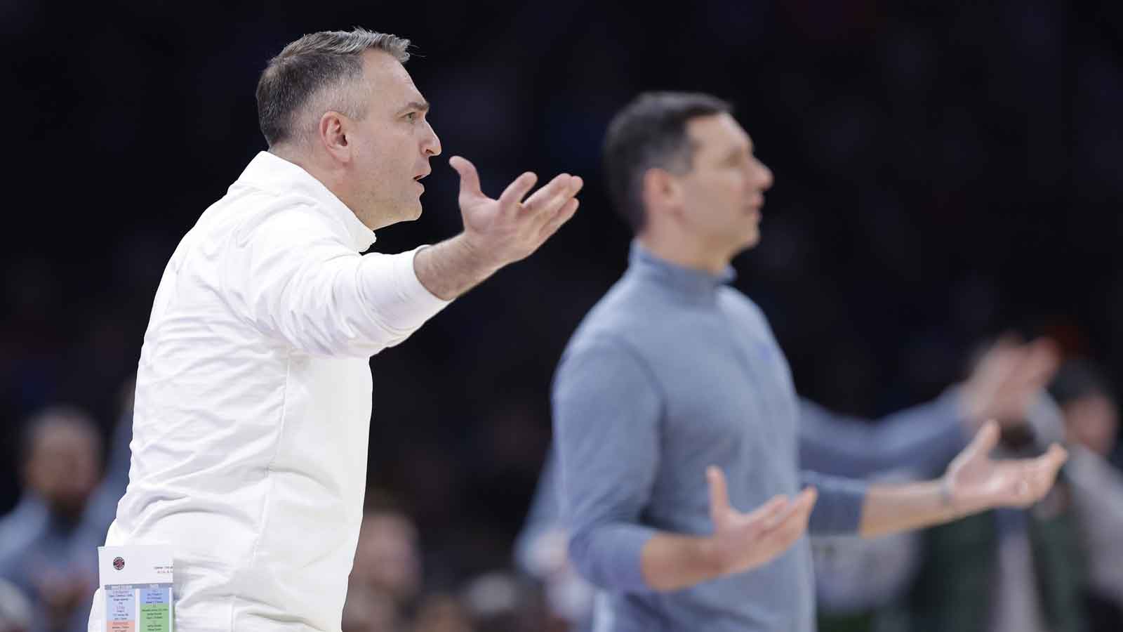 Raptors Head Coach Darko Rajakovic and Oklahoma City Thunder Head Coach Mark Daigneault watch their teams play during the second half at Paycom Center