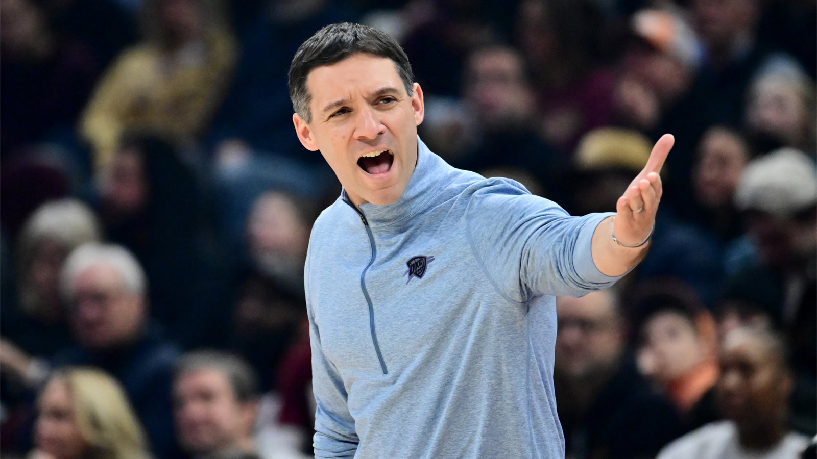Thunder head coach Mark Daigneault reacts against the Cleveland Cavaliers during the first half at Rocket Arena