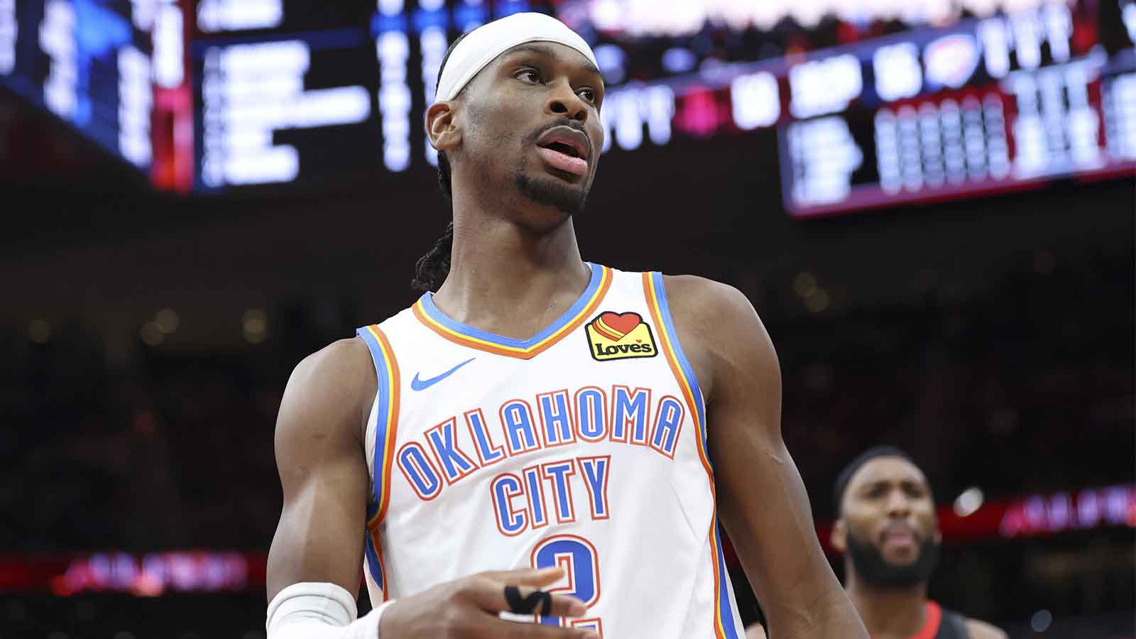Oklahoma City Thunder guard Shai Gilgeous-Alexander (2) reacts after a play during the third quarter against the Houston Rockets at Toyota Center.