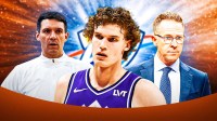 Lauri Markkanen in the middle, Coach Mark Daigneault and GM Sam Presti around him, Oklahoma City Thunder wallpaper in the background
