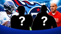 Titans head coach Robert Saleh with QB Cam Ward and two silhouettes of American football players with big question mark emojis inside. There is also a logo for the Tennessee Titans.