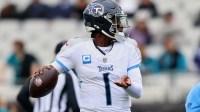 Tennessee Titans quarterback Cam Ward (1) throws a pass before the game against the Jacksonville Jaguars at EverBank Stadium.