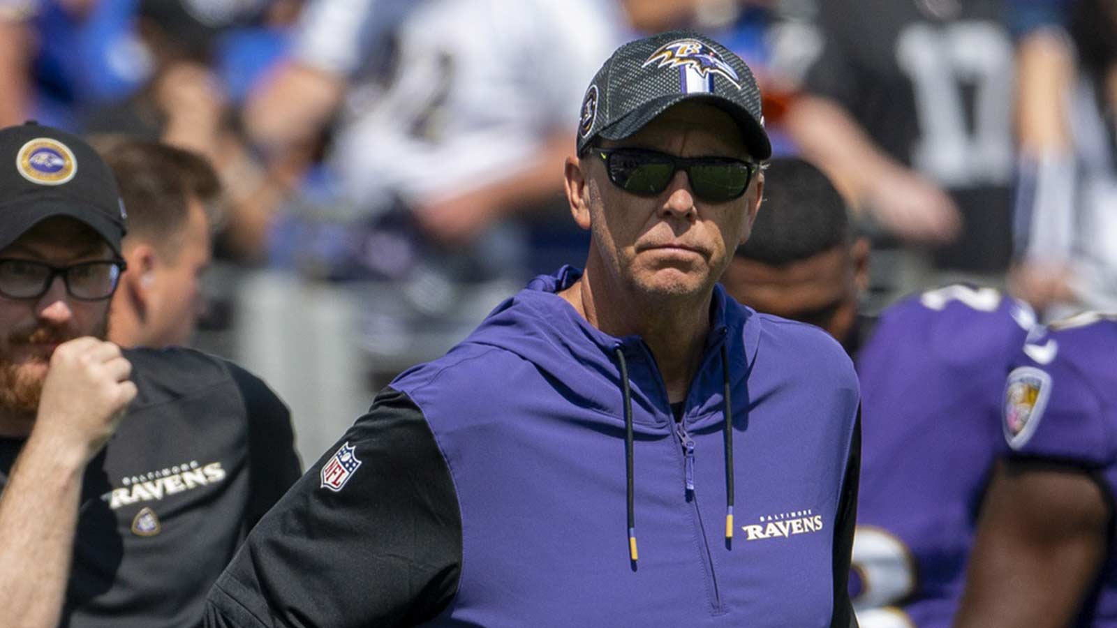 Baltimore Ravens coordinator Todd Monken on the field before the game against the Las Vegas Raiders at M&T Bank Stadium.