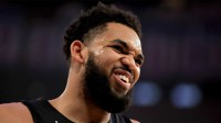 New York Knicks center Karl-Anthony Towns (32) reacts during the first quarter against the Sacramento Kings at Madison Square Garden.