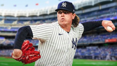 MLB pitcher Ryan Weathers in a New York Yankees jersey at Yankee Stadium.