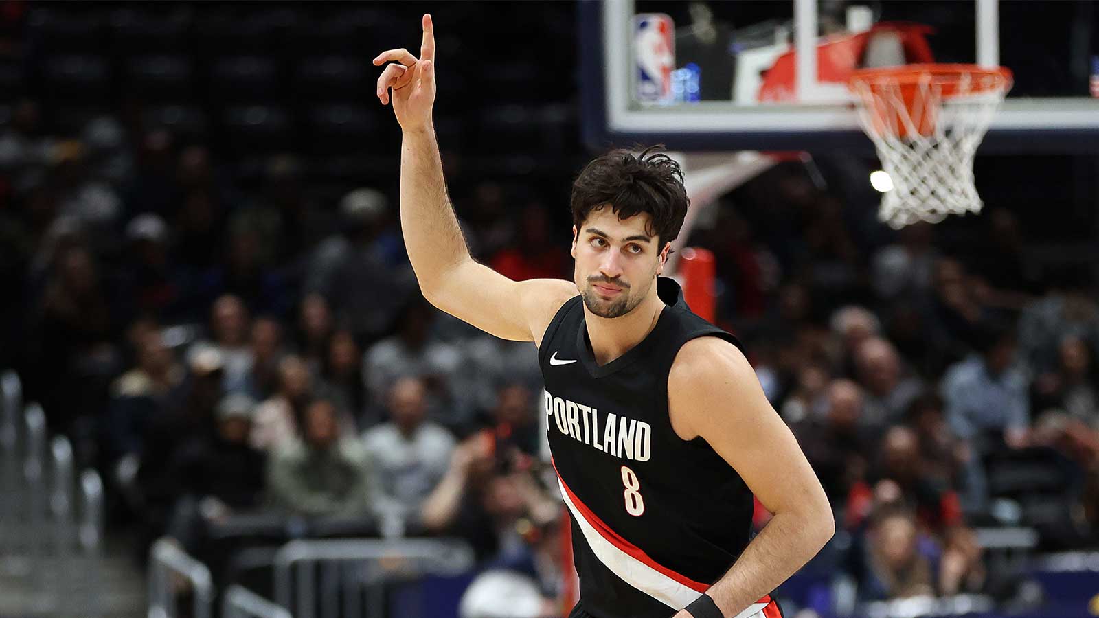 Portland Trail Blazers forward Deni Avdija (8) celebrates during the second half against the Washington Wizards at Capital One Arena. 