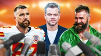 Football legends Travis and Jason Kelce with Matt Damon in the middle of them.
