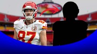 Kansas City Chiefs tight end Travis Kelce with a silhouette of him to represent his haircut with GEHA Field at Arrowhead Stadium background.
