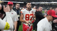 Kansas City Chiefs tight end Travis Kelce (87) leaves the field after the game against the Las Vegas Raiders at Allegiant Stadium.
