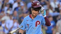 Philadelphia Phillies shortstop Trea Turner (7) reacts after striking out in the seventh inning against the Los Angeles Dodgers during game four of the NLDS round for the 2025 MLB playoffs at Dodger Stadium.