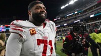 San Francisco 49ers offensive tackle Trent Williams (71) walks off the field after win against the Philadelphia Eagles in an NFC Wild Card Round game at Lincoln Financial Field. Mandatory Credit: Eric Hartline-Imagn Images