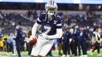 Dallas Cowboys cornerback Trevon Diggs (7) participates in pregame warmups against the Los Angeles Chargers at AT&T Stadium.