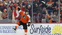 Philadelphia Flyers center Trevor Zegras (46) reacts after scoring goal against the Anaheim Ducks during the first period at Xfinity Mobile Arena.