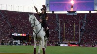 Southern California Trojans white horse mascot Traveler with female rider Dana Kanstul in the second half of the game against the Missouri State Bears at United Airlines Field at Los Angeles Memorial Coliseum.