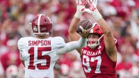 Alabama Crimson Tide quarterback Ty Simpson (15) throws the ball against Indiana Hoosiers defensive lineman Mario Landino (97) on Thursday, Jan. 1, 2026, during the 112th annual Rose Bowl game in Pasadena. Indiana Hoosiers defeated Alabama Crimson Tide, 38-3.