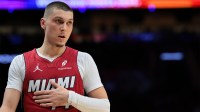 Miami Heat guard Tyler Herro (14) looks on against the Phoenix Suns during the second quarter at Kaseya Center.