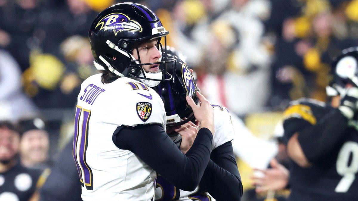 Baltimore Ravens place kicker Tyler Loop (33) reacts with punter Jordan Stout (11) after missing a game winning field goal against the Pittsburgh Steelers at Acrisure Stadium.