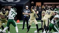 New Orleans Saints quarterback Tyler Shough (6) throws against the New York Jets during the third quarter at Caesars Superdome.