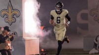 New Orleans Saints quarterback Tyler Shough (6) during the run outs before the game against the New York Jets at Caesars Superdome.