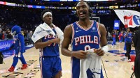 Philadelphia 76ers guard Vj Edgecombe (77) and guard Tyrese Maxey (0) during a postgame interview after win against the Indiana Pacers at Xfinity Mobile Arena.