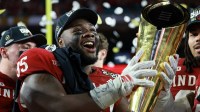 Indiana Hoosiers defensive lineman Tyrique Tucker (95) reacts after the College Football Playoff National Championship game at Hard Rock Stadium. Mandatory Credit: Mark J. Rebilas-Imagn Images