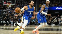 Orlando Magic guard Tyus Jones (2) drives to the basket against the Golden State Warriors in the second quarter at Chase Center.