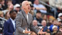 UConn Huskies head coach Dan Hurley reacts during the first half against the Seton Hall Pirates at Prudential Center.
