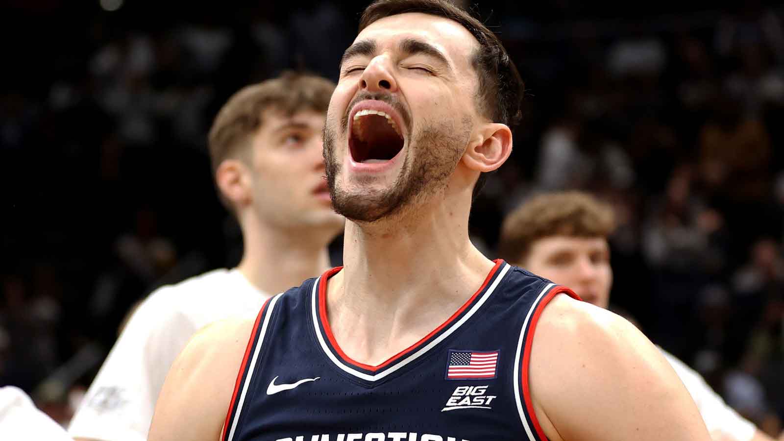 The UConn Huskies forward Alex Karaban (11) reacts before a game against the Georgetown Hoyas at Capital One Arena. 