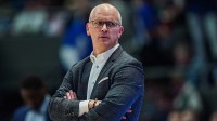 UConn Huskies head coach Dan Hurley watches from the sideline as they take on the DePaul Blue Demons at PeoplesBank Arena.